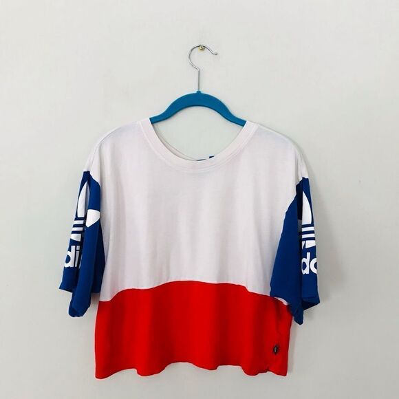 Adidas Crop To Womens Sz Medium Blue White Blocked Three Striped Classic Blouse - Picture 1 of 6